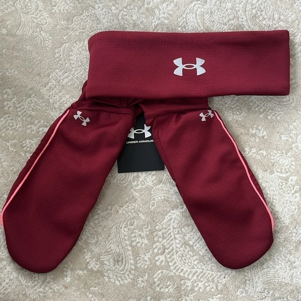 Brand New Under Armour Maroon Fleece Headband Earband & Mittens Set Running
